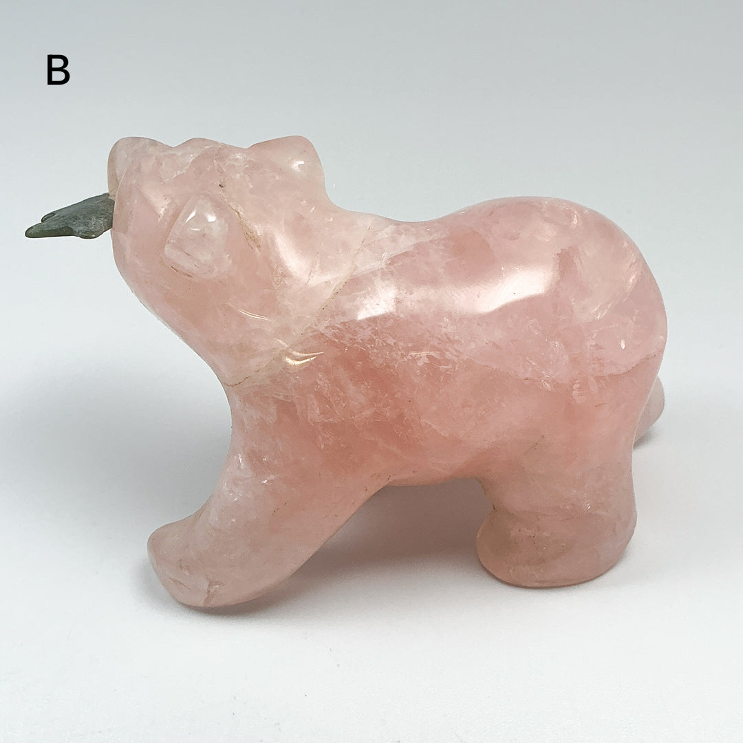 Rose Quartz Bear with Canadian Jade Fish Carving