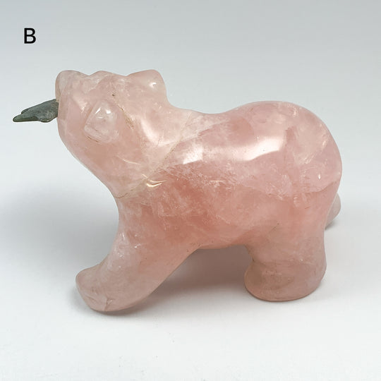 Rose Quartz Bear with Canadian Jade Fish Carving