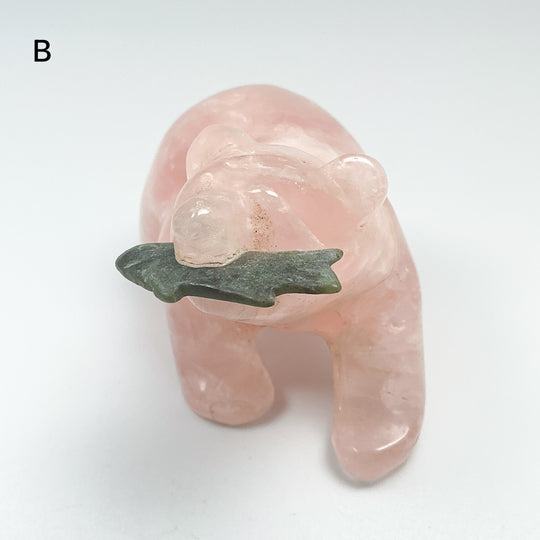 Rose Quartz Bear with Canadian Jade Fish Carving