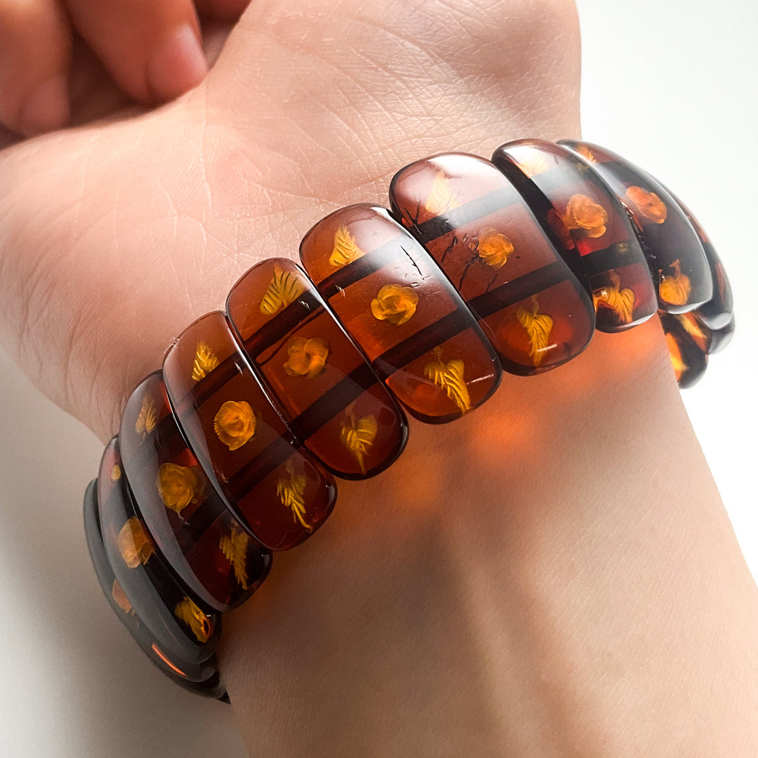 Cognac Amber Floral Cameo Beaded Bracelet