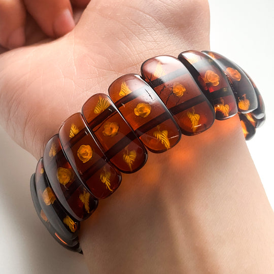 Cognac Amber Floral Cameo Beaded Bracelet