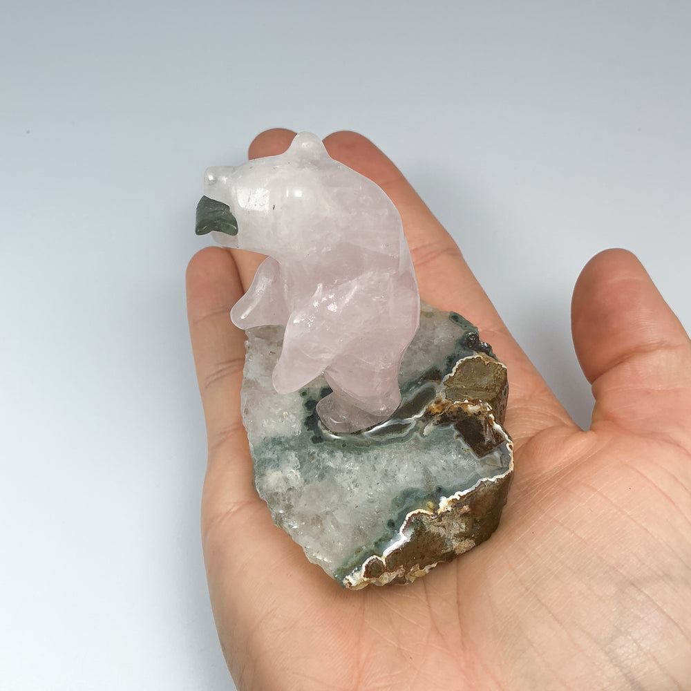 Rose Quartz Bear with Canadian Jade Fish on Agate Base