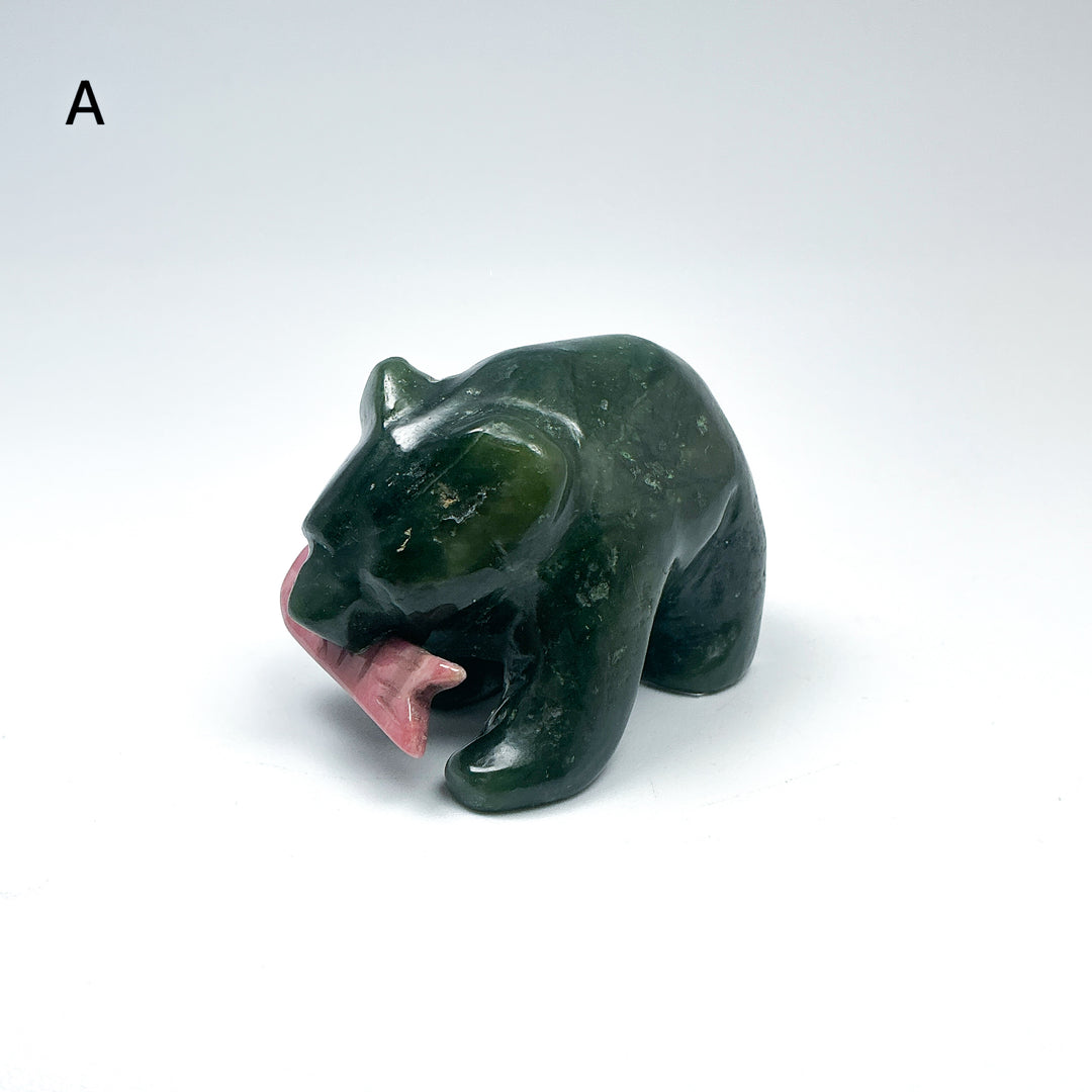 BC Jade Bear with Rhodonite Fish Carving - Rocks and Gems Canada