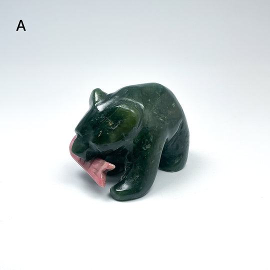 BC Jade Bear with Rhodonite Fish Carving - Rocks and Gems Canada