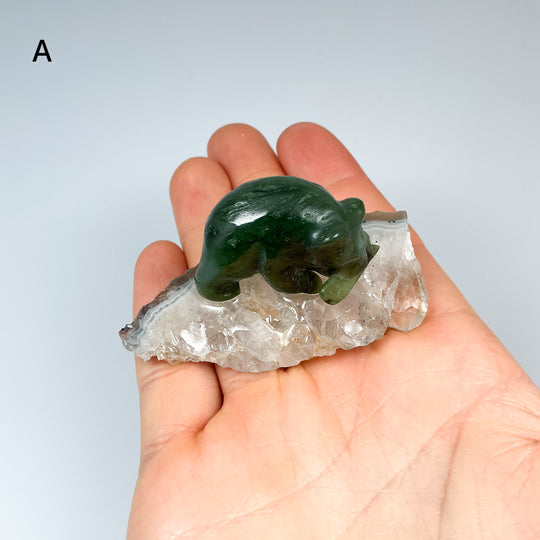 BC Jade Bear with Fish on Quartz Base - Rocks and Gems Canada