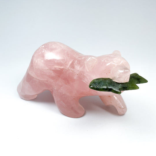 Rose Quartz Bear with Canadian Jade Fish Carving - Rocks and Gems Canada