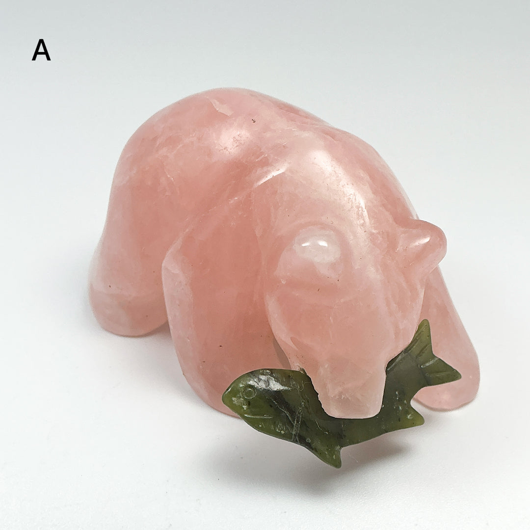 Rose Quartz Bear with Canadian Jade Fish Carving