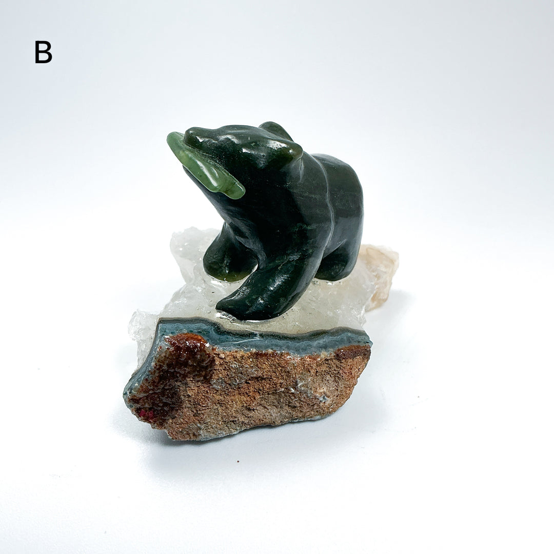BC Jade Bear with Fish on Quartz Base - Rocks and Gems Canada