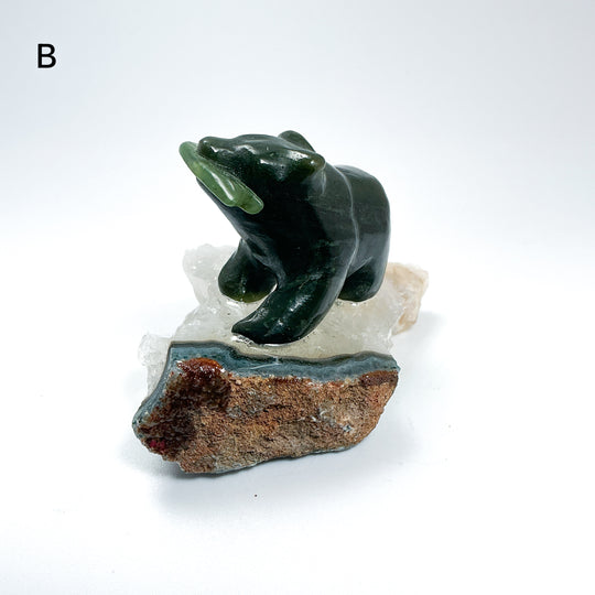 BC Jade Bear with Fish on Quartz Base - Rocks and Gems Canada