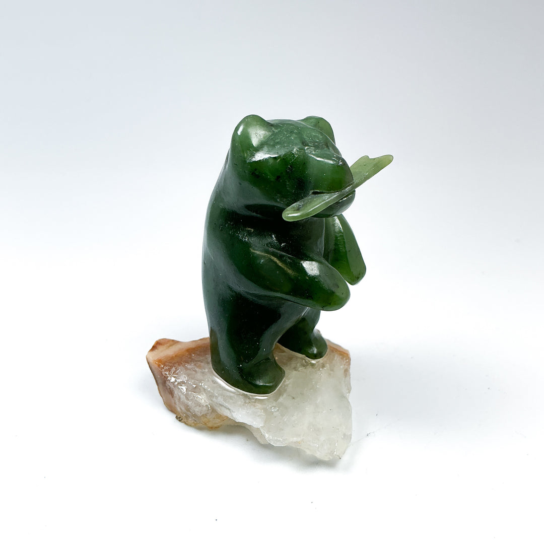 Canadian Jade Bear with Fish Carving On Quartz Base - Rocks and Gems Canada