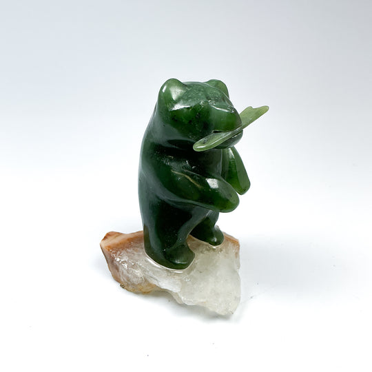 Canadian Jade Bear with Fish Carving On Quartz Base - Rocks and Gems Canada