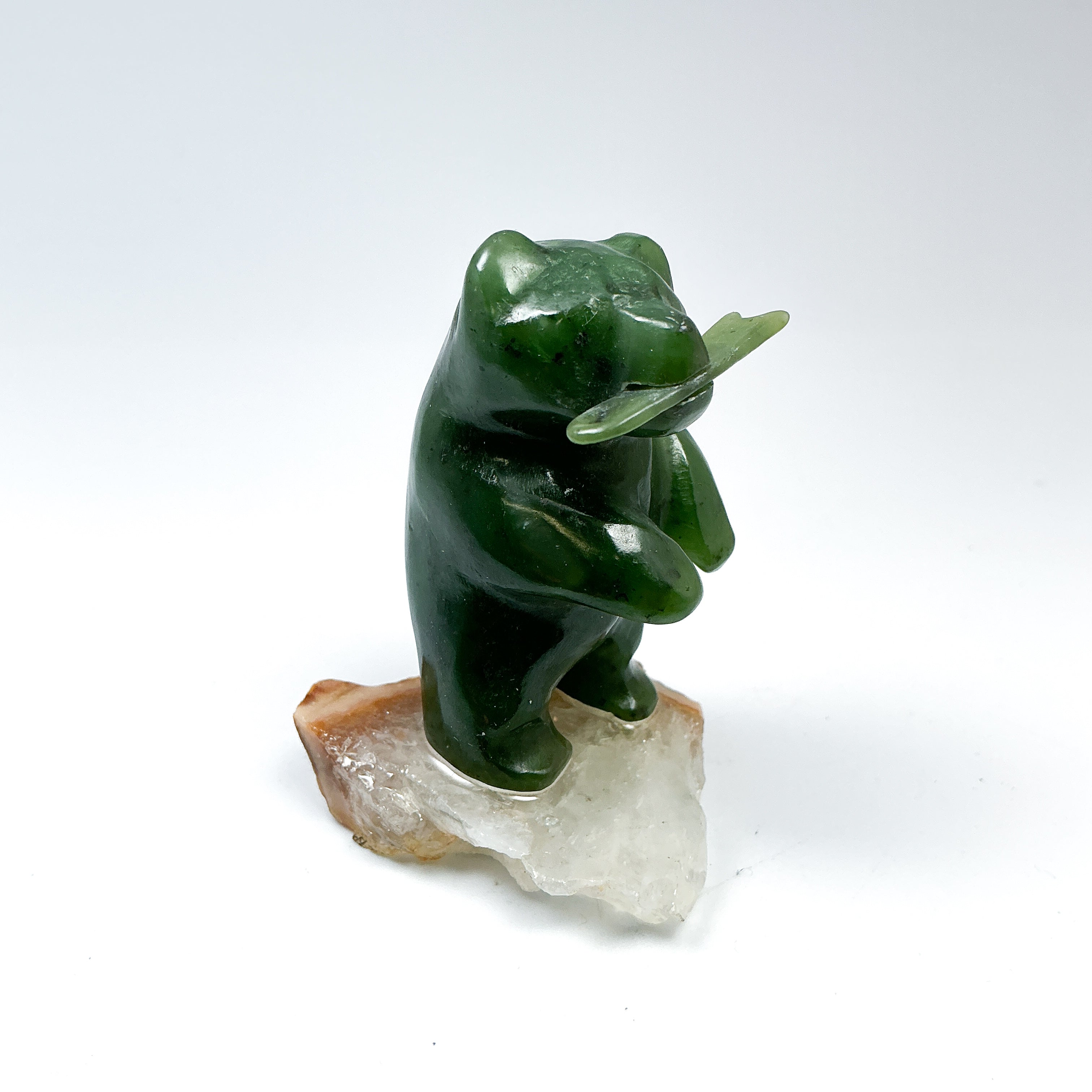 Canadian Jade Bear with Fish Carving On Quartz Base - Rocks and Gems Canada