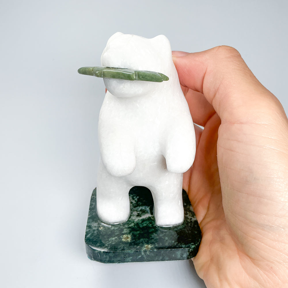 Star Marble Bear with BC Jade Fish Carving on Base
