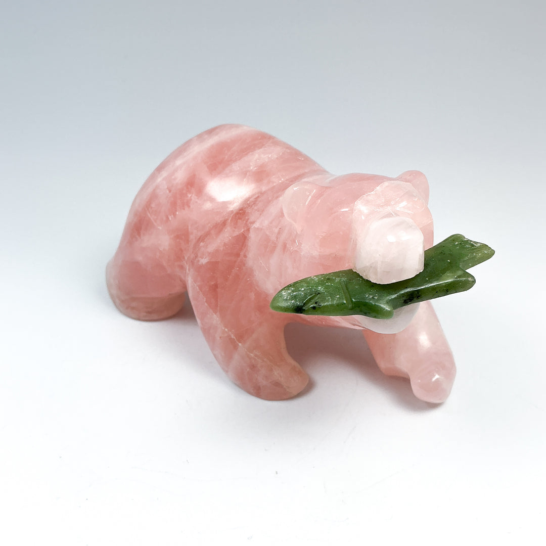 Rose Quartz Bear with Canadian Jade Fish Carving - Rocks and Gems Canada