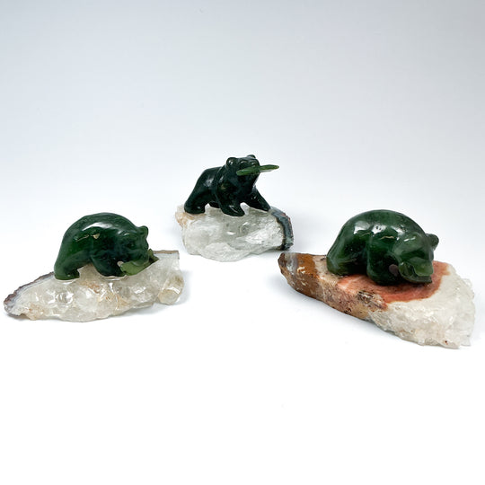BC Jade Bear with Fish on Quartz Base - Rocks and Gems Canada