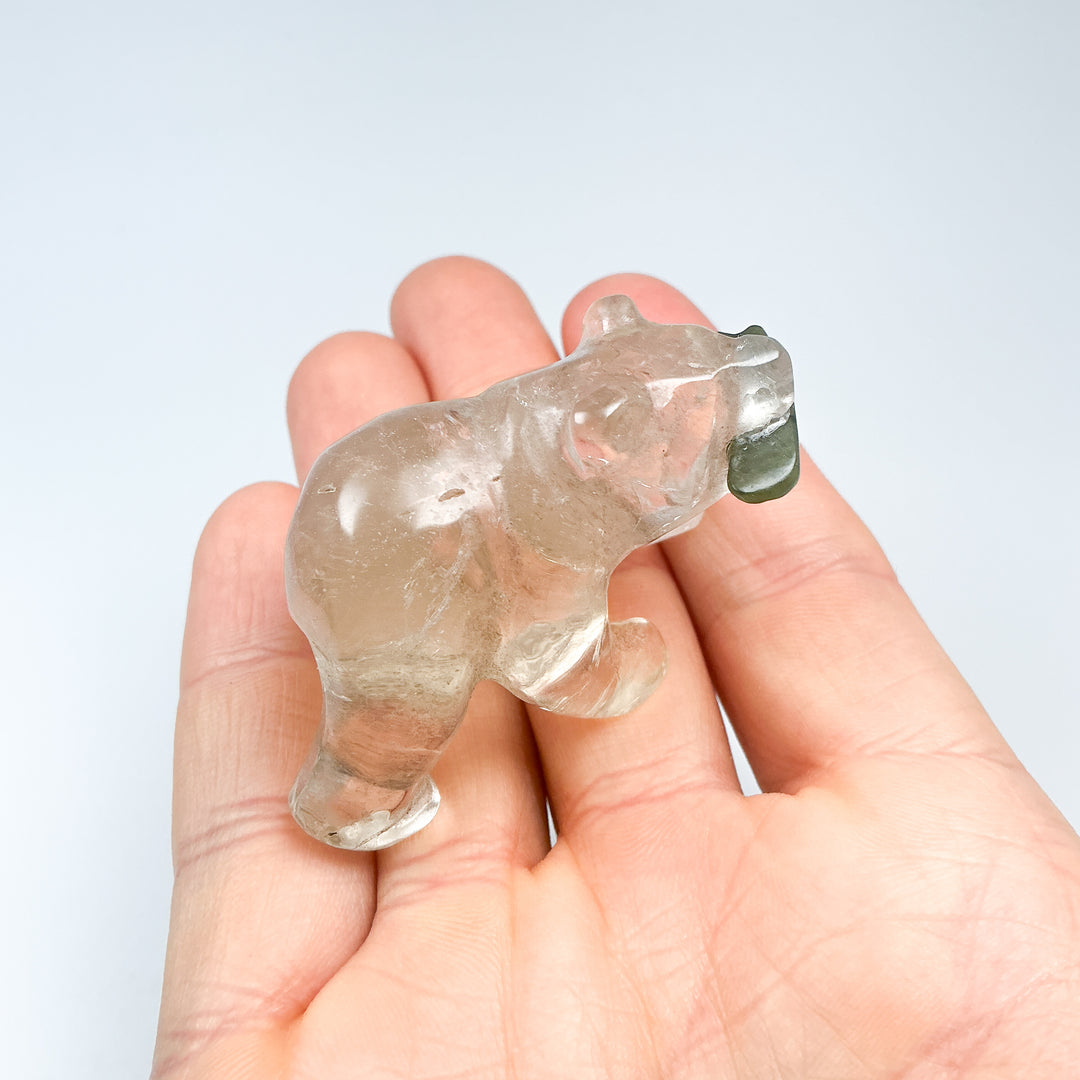 Clear Quartz Bear with Canadian Jade Fish Carving - Rocks and Gems Canada