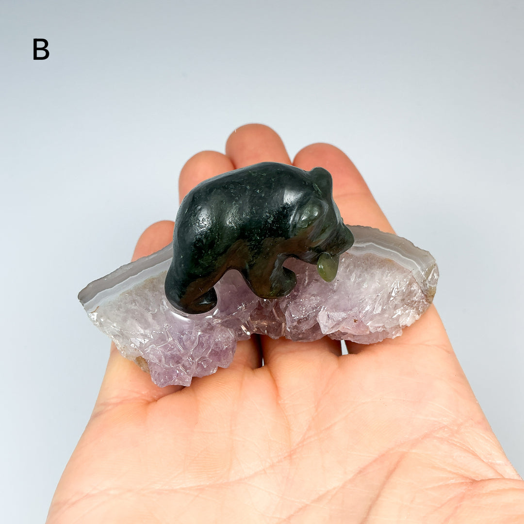 BC Jade Bear with Fish on Amethyst Base - Rocks and Gems Canada