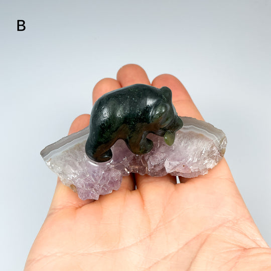 BC Jade Bear with Fish on Amethyst Base - Rocks and Gems Canada