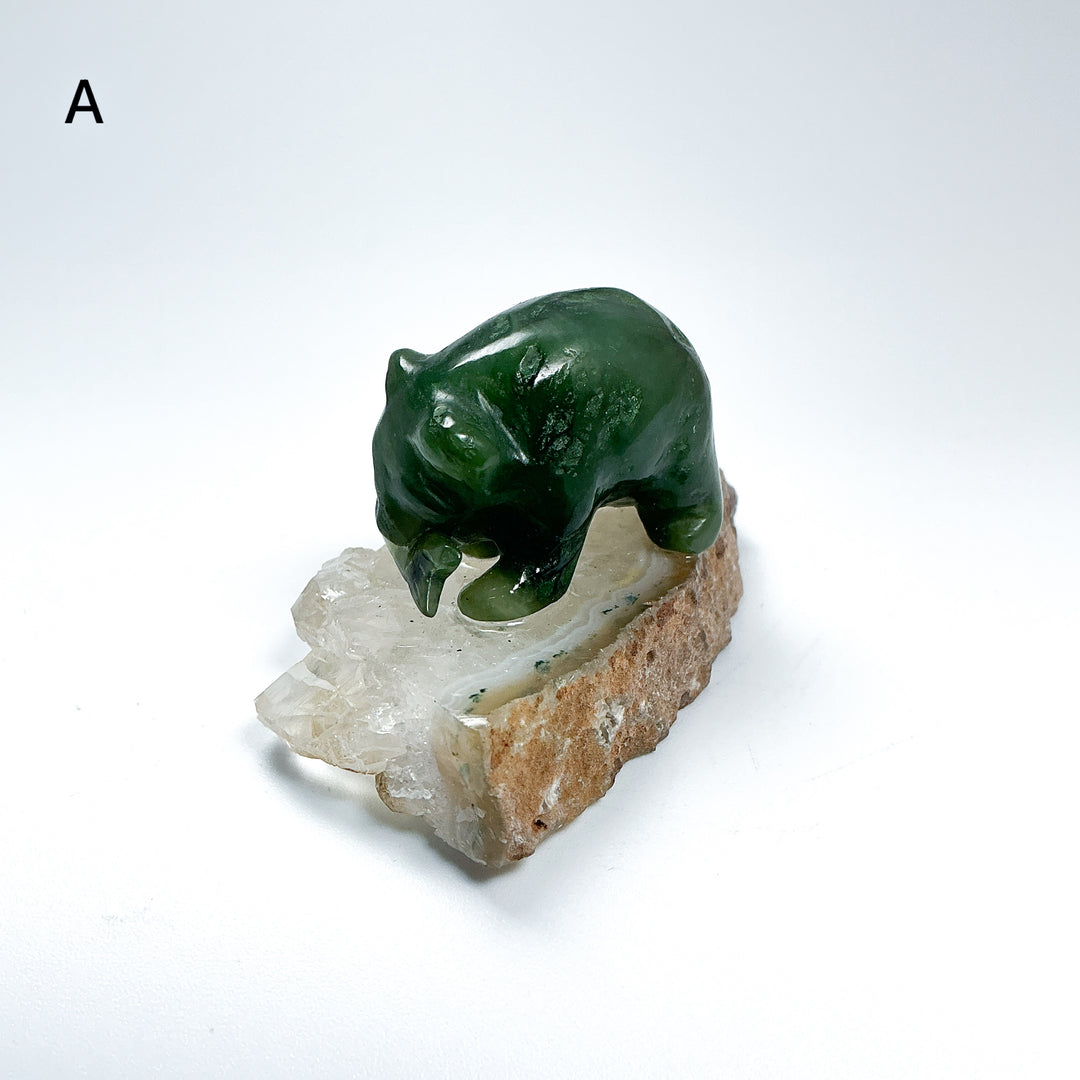BC Jade Bear with Fish on Quartz Base - Rocks and Gems Canada