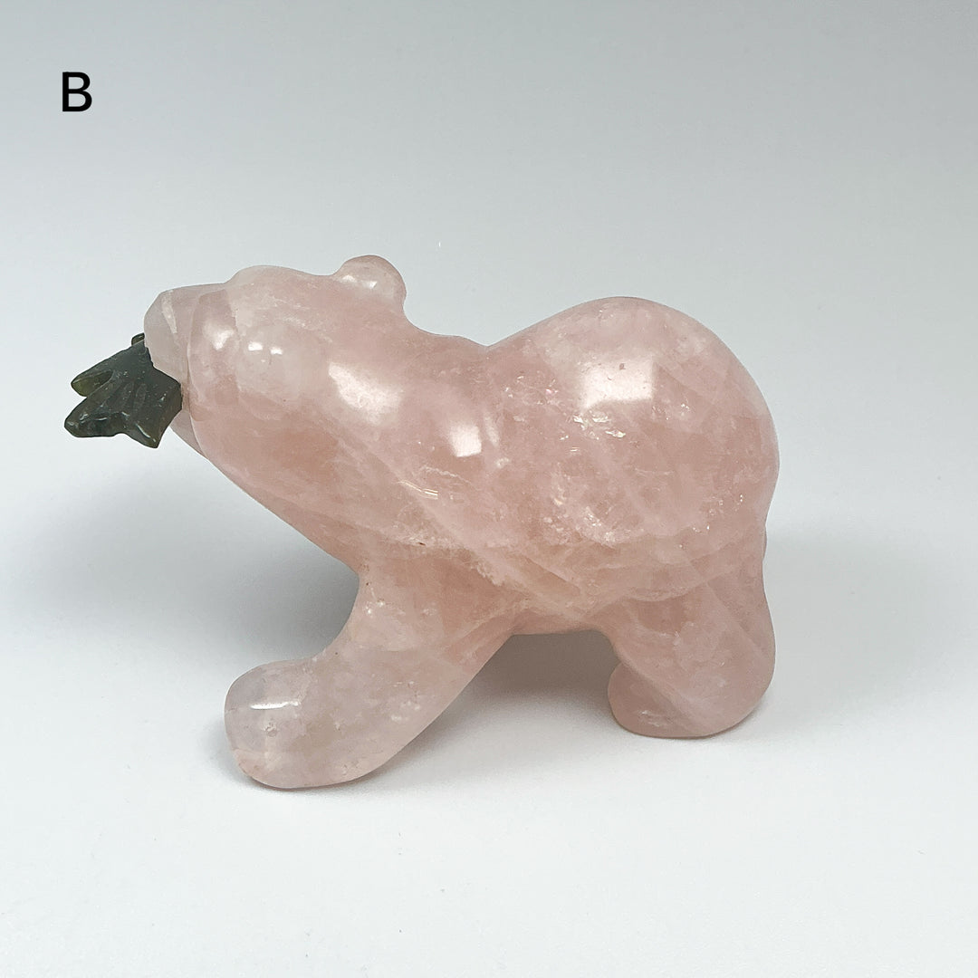Rose Quartz Bear with Canadian Jade Fish Carving