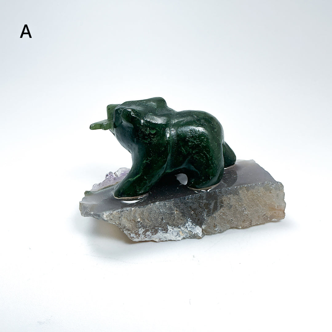 BC Jade Bear with Fish on Amethyst Base - Rocks and Gems Canada