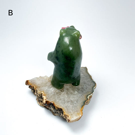 BC Jade Bear with Rhodonite Fish on Quartz Base - Rocks and Gems Canada