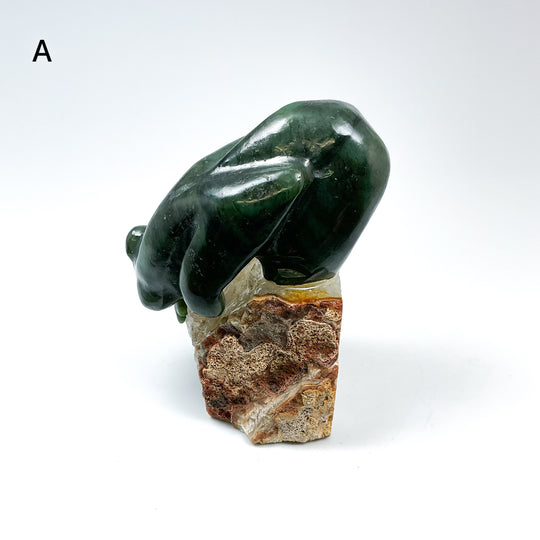 Canadian Jade Bear with Fish Carving On Quartz Base - Rocks and Gems Canada