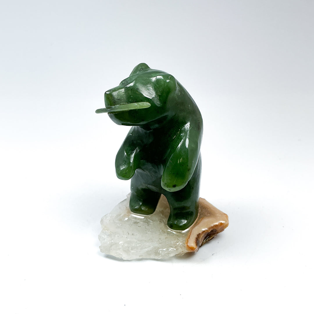 Canadian Jade Bear with Fish Carving On Quartz Base - Rocks and Gems Canada