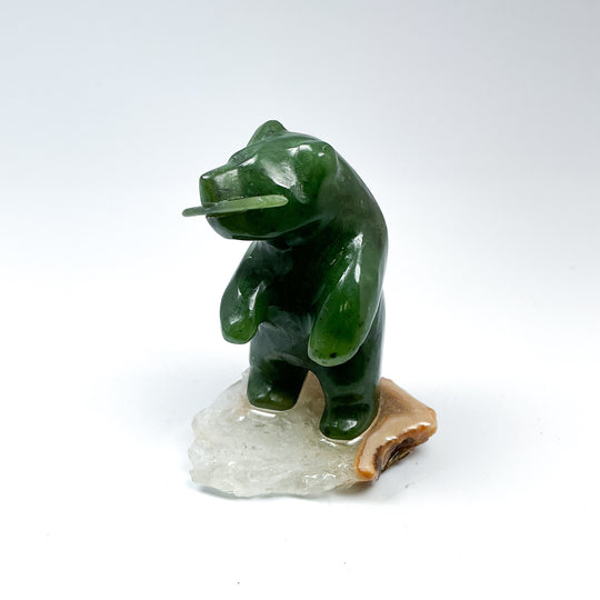 Canadian Jade Bear with Fish Carving On Quartz Base - Rocks and Gems Canada