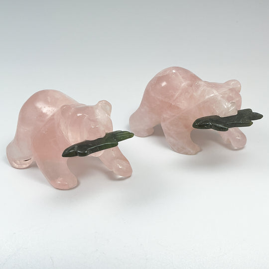 Rose Quartz Bear with Canadian Jade Fish Carving