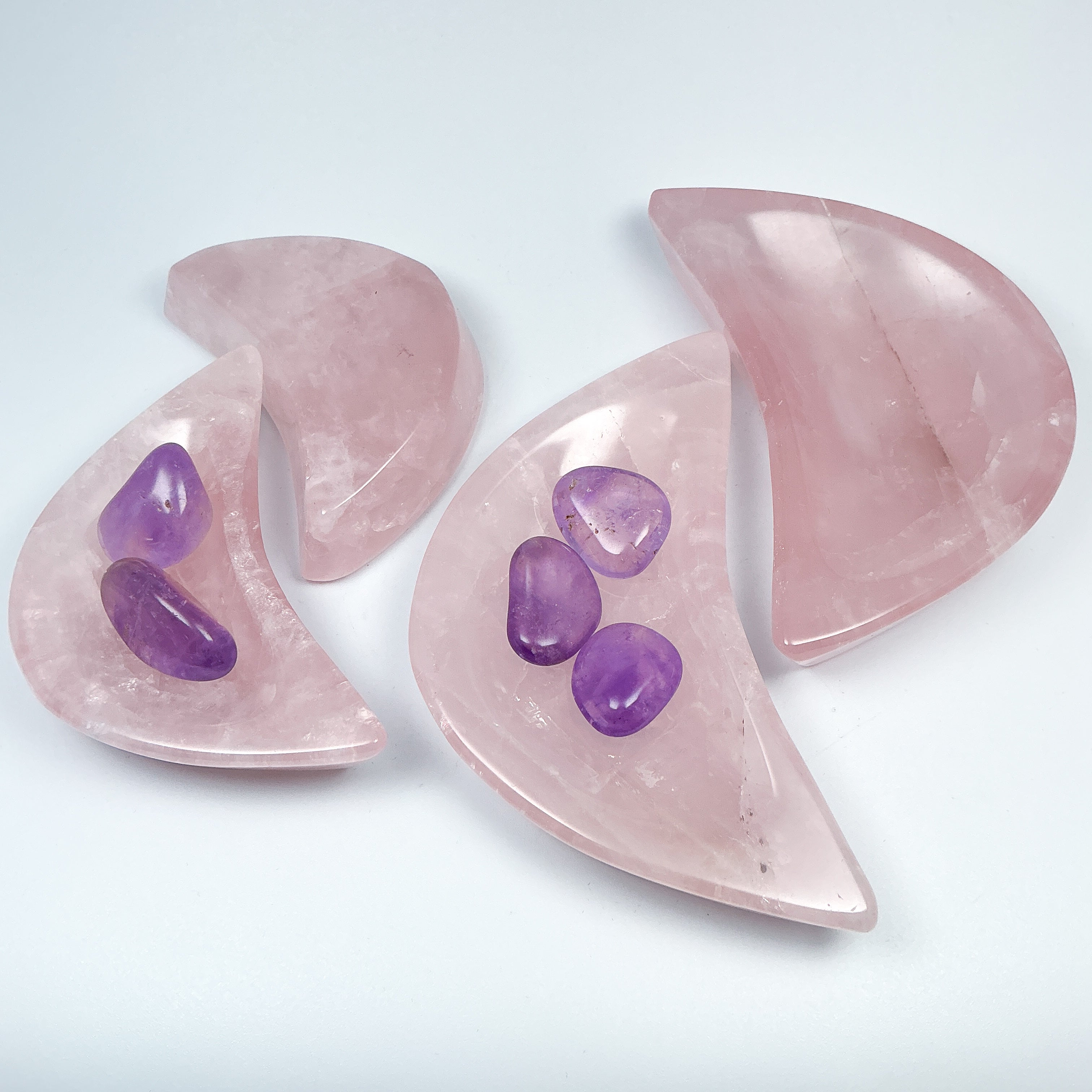 Carved Rose Quartz Half Moon Bowl - Rocks and Gems Canada