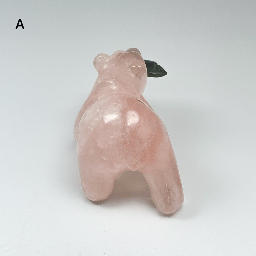Rose Quartz Bear with Canadian Jade Fish Carving