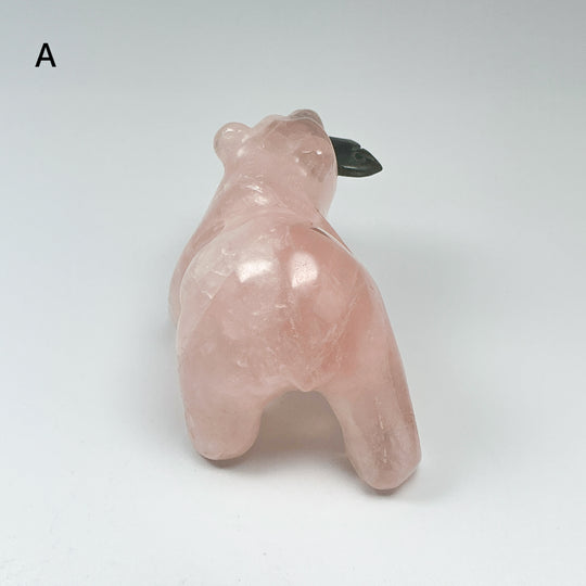 Rose Quartz Bear with Canadian Jade Fish Carving