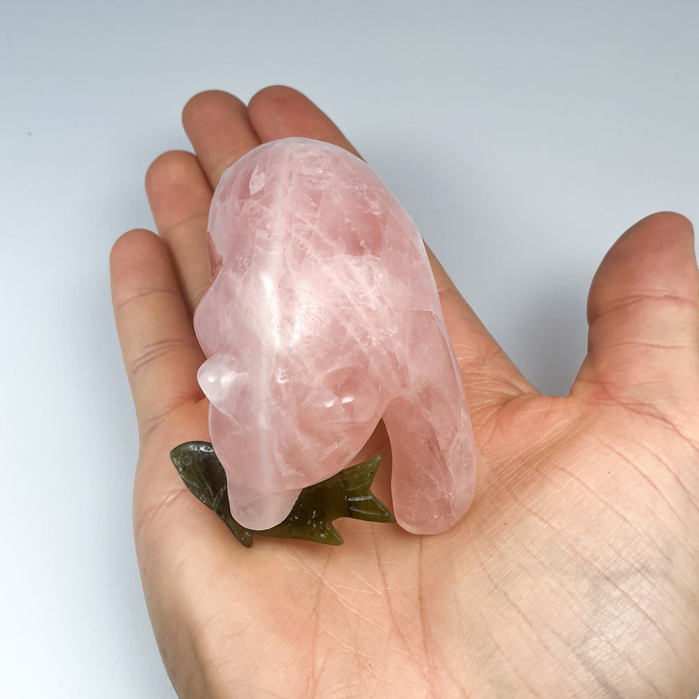 Rose Quartz Bear with Canadian Jade Fish Carving