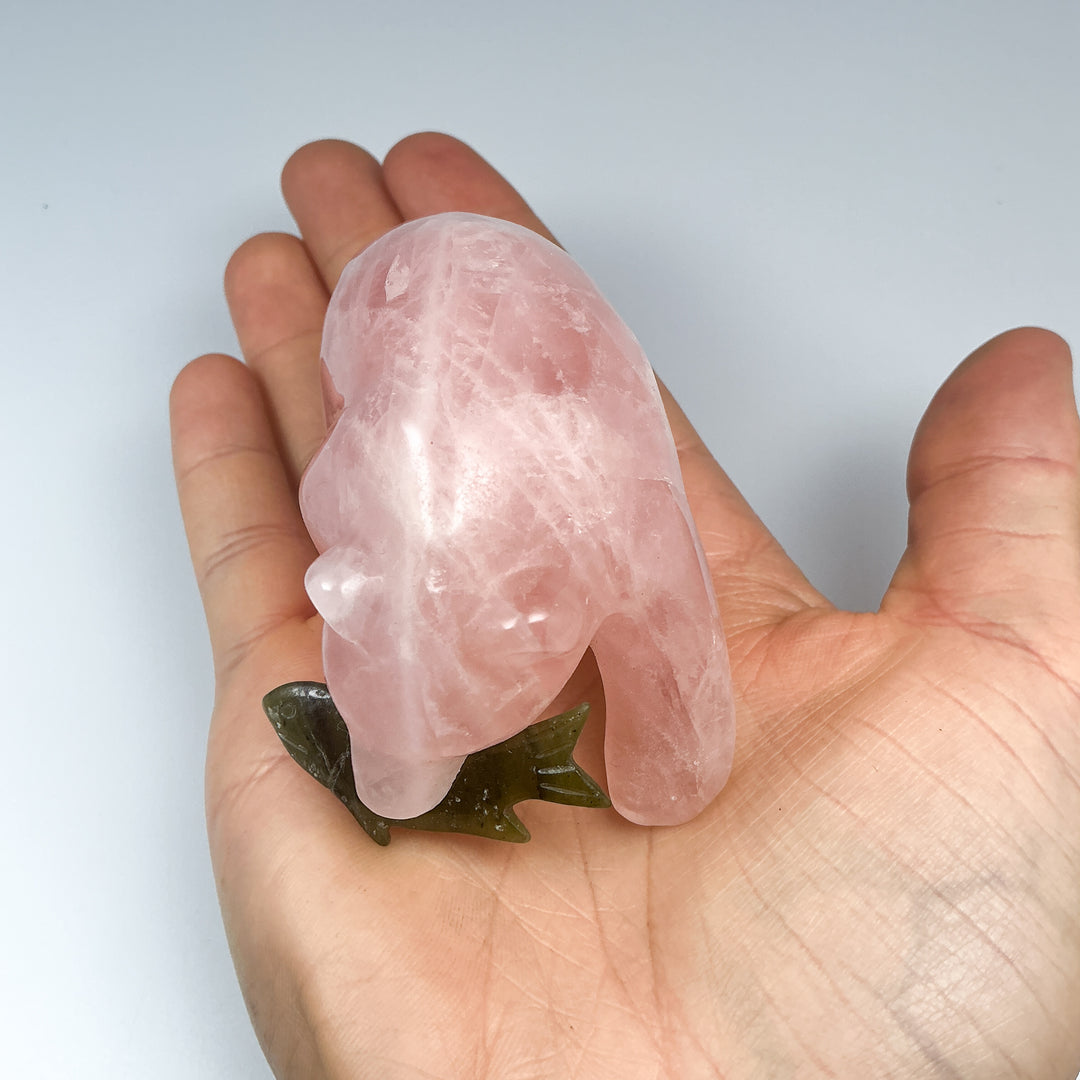 Rose Quartz Bear with Canadian Jade Fish Carving