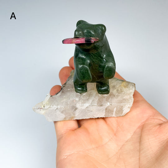 BC Jade Bear with Rhodonite Fish on Quartz Base - Rocks and Gems Canada