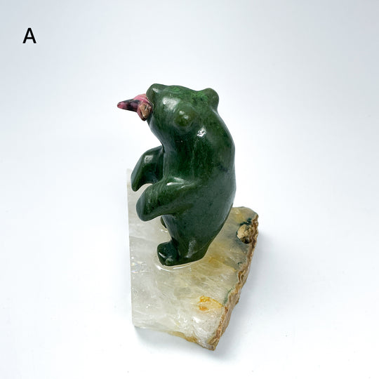 BC Jade Bear with Rhodonite Fish on Quartz Base - Rocks and Gems Canada