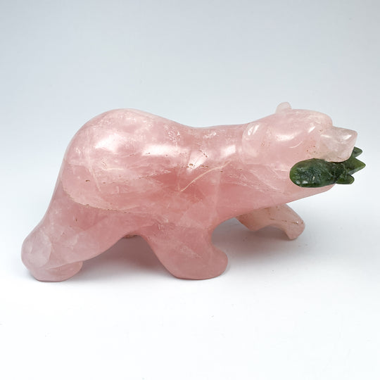 Rose Quartz Bear with Canadian Jade Fish Carving - Rocks and Gems Canada