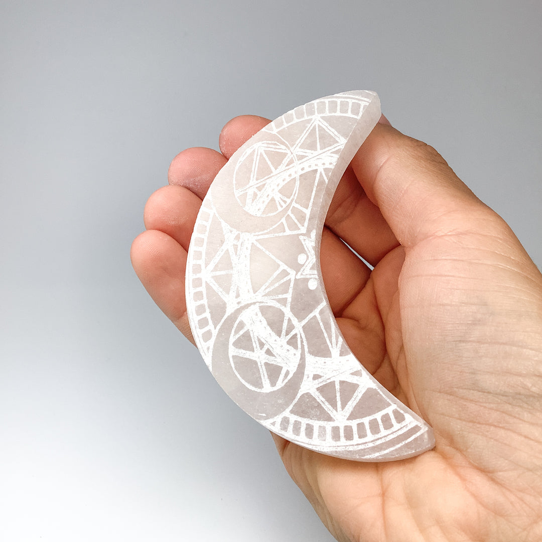 Selenite Etched Half-Moon