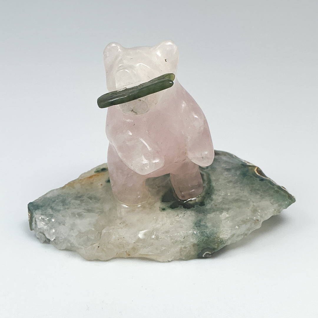 Rose Quartz Bear with Canadian Jade Fish on Agate Base