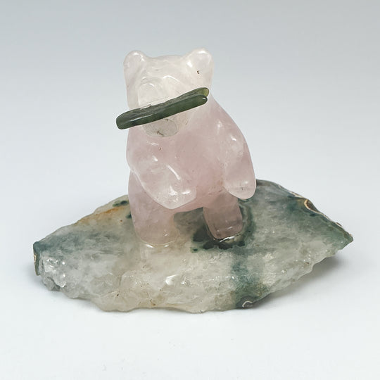 Rose Quartz Bear with Canadian Jade Fish on Agate Base