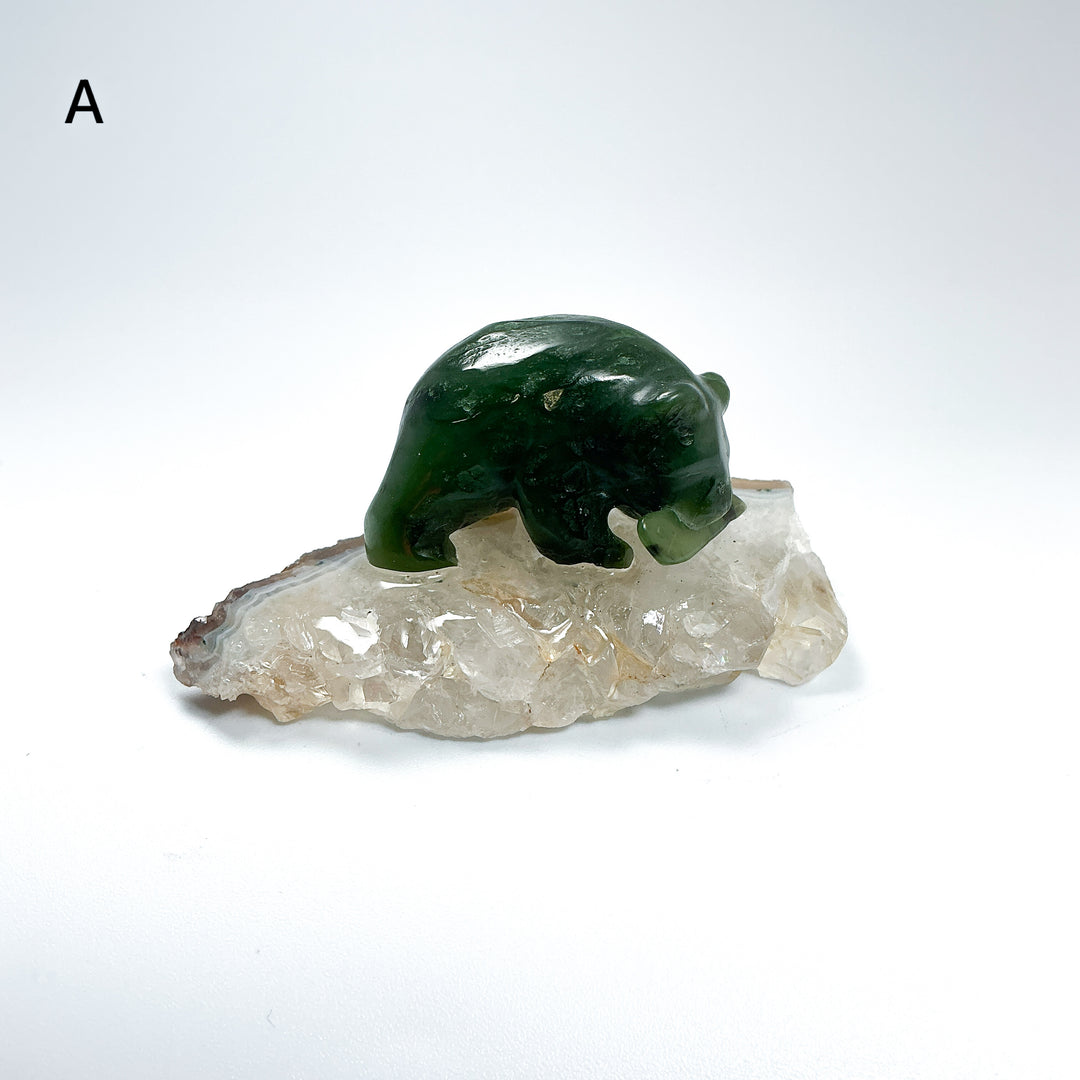 BC Jade Bear with Fish on Quartz Base - Rocks and Gems Canada