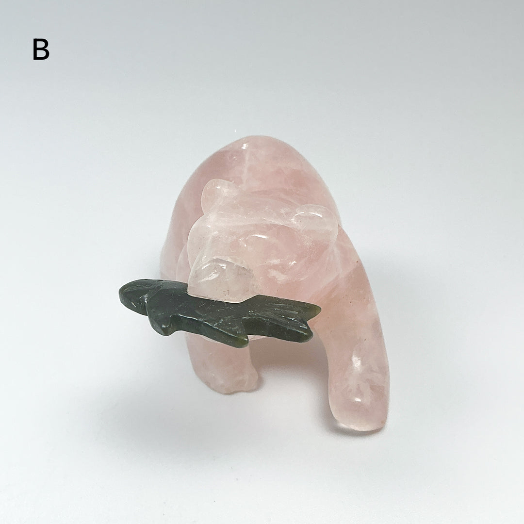 Rose Quartz Bear with Canadian Jade Fish Carving