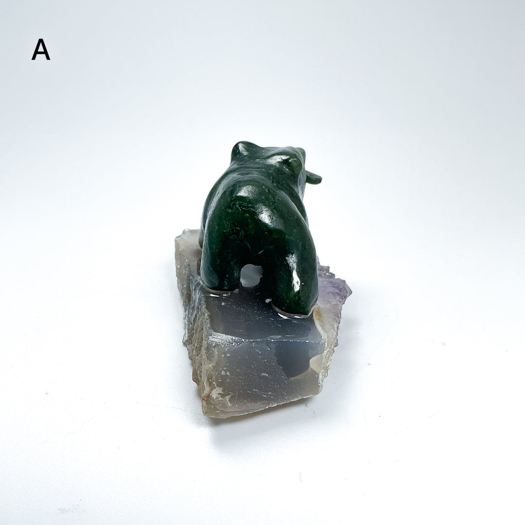 BC Jade Bear with Fish on Amethyst Base - Rocks and Gems Canada