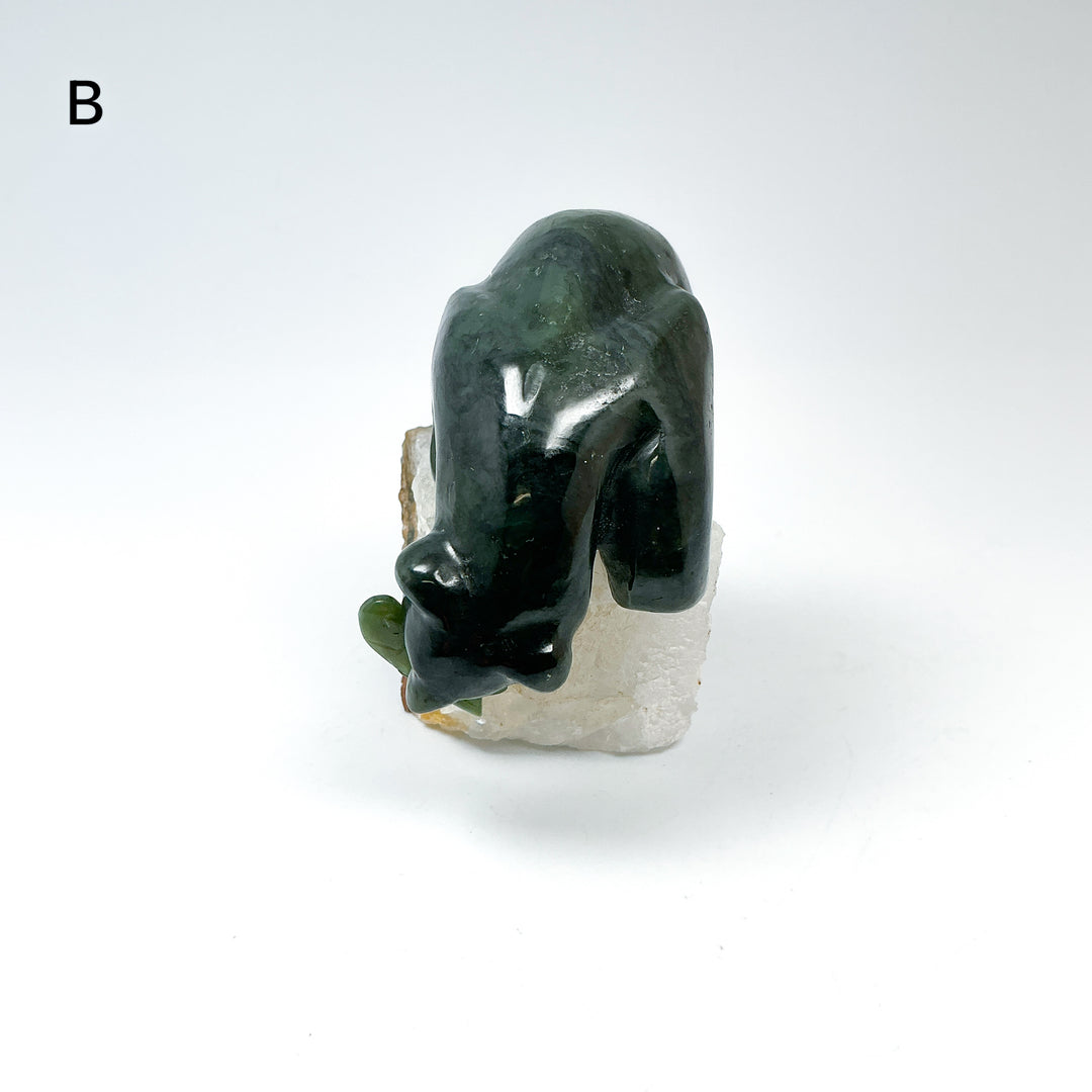 Canadian Jade Bear with Fish Carving On Quartz Base - Rocks and Gems Canada