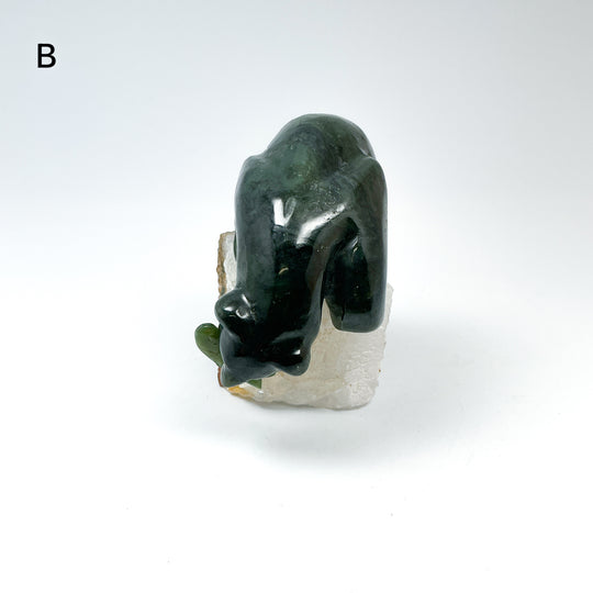 Canadian Jade Bear with Fish Carving On Quartz Base - Rocks and Gems Canada