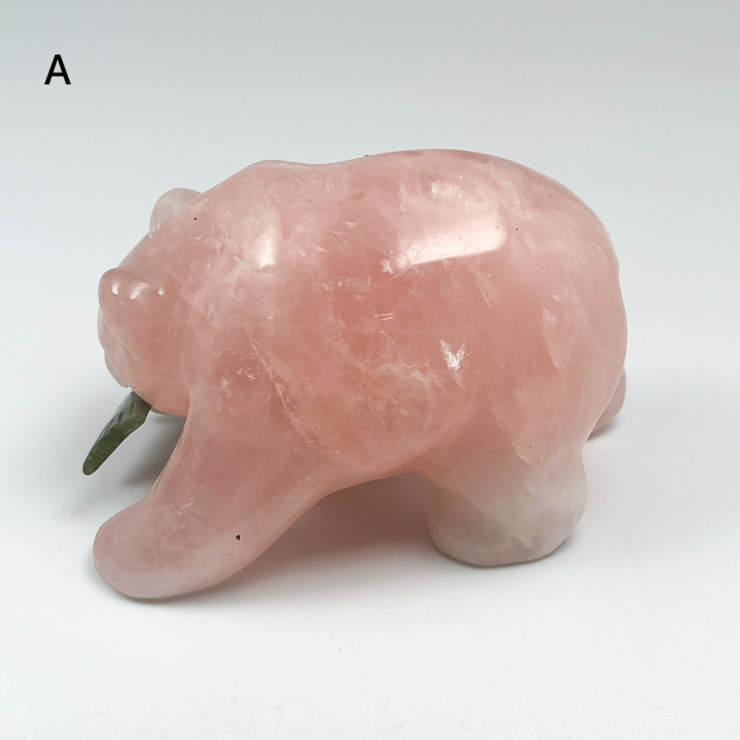 Rose Quartz Bear with Canadian Jade Fish Carving