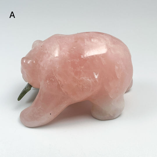 Rose Quartz Bear with Canadian Jade Fish Carving