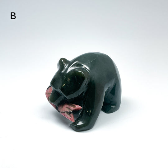 BC Jade Bear with Rhodonite Fish Carving - Rocks and Gems Canada