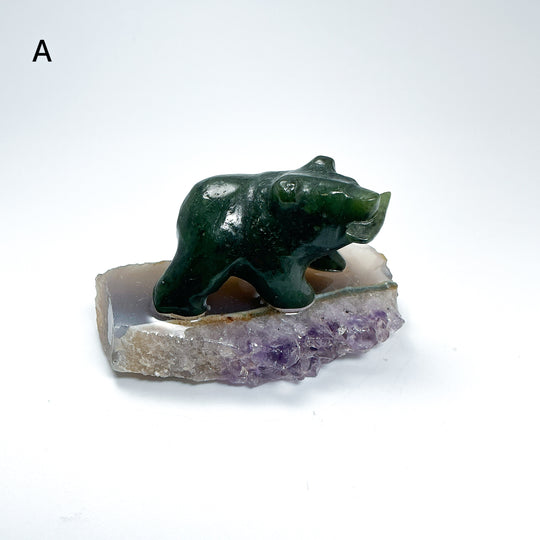 BC Jade Bear with Fish on Amethyst Base - Rocks and Gems Canada
